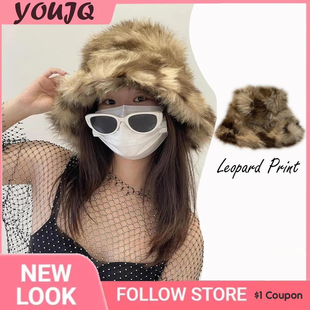 

Leopard Print Street Bright Color Imitation Fur Fisherman Hats for Women Warm Fluffy Plush Sun Hat Gorras Sombreros De Mujer