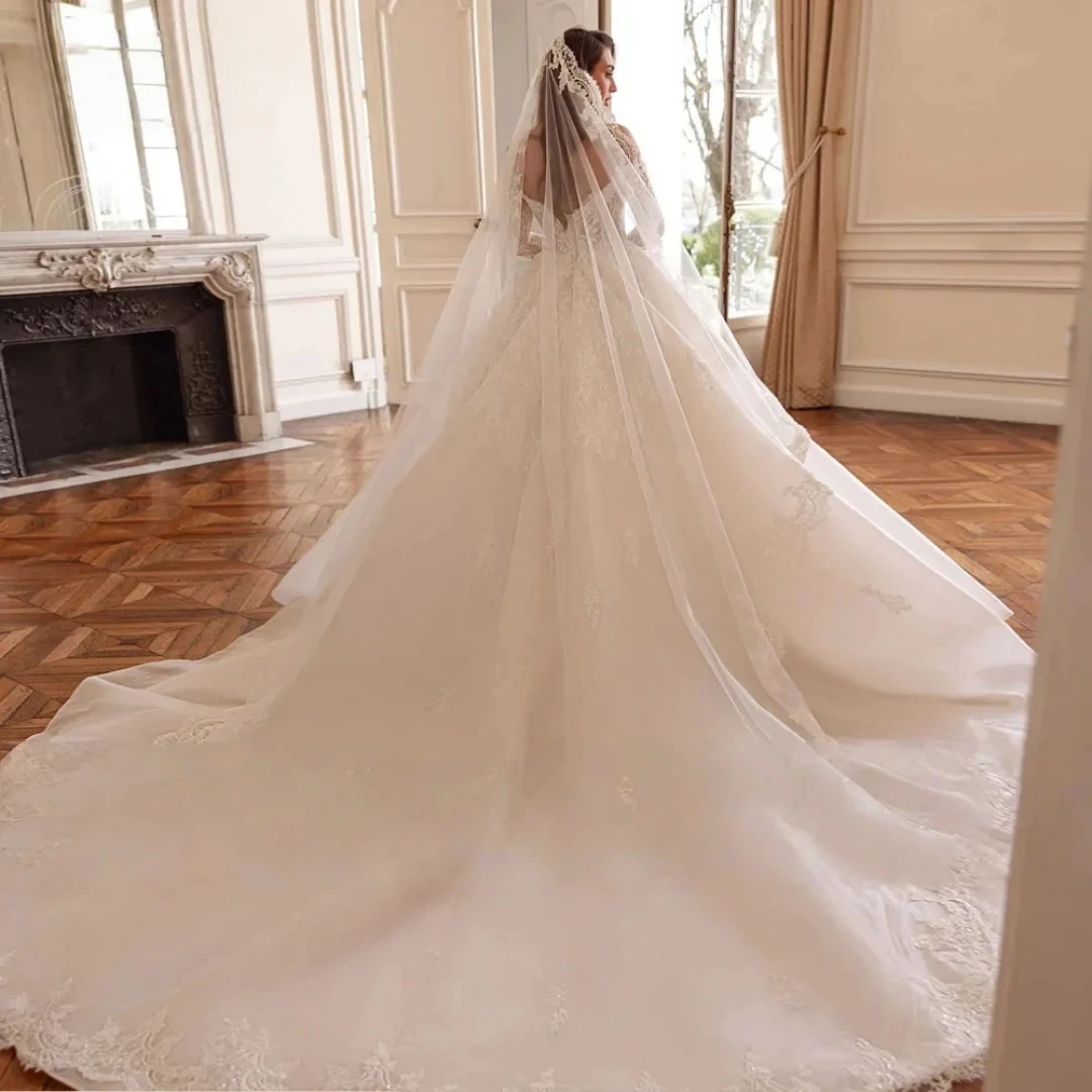 فساتين زفاف خمر الحبيب التطريز الخرز كم طويل الأميرة فستان العروس أثواب الزفاف رائعة