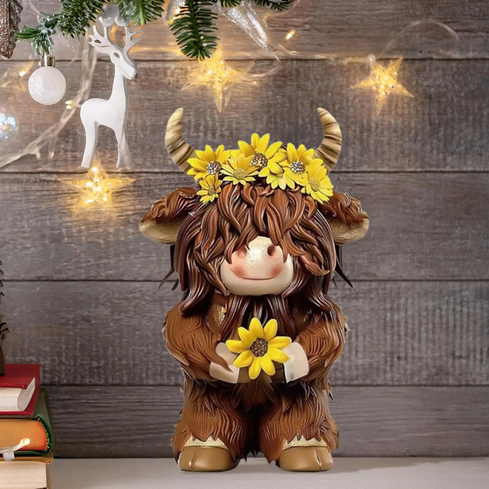 Cute Resin Highland Cow Statue Animal Figurine Desktop Ornament Scottish Sculpture Shelf Decor Brown Art for Home Office