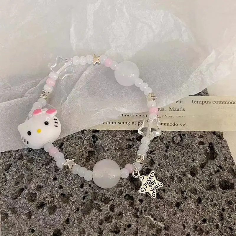 Hello Kitty Anime Cartoon Elastic Beaded Bracelet Kawaii Bestie Bracelet Accessories Sweet Girly Heart Jewelry Gift for Friends