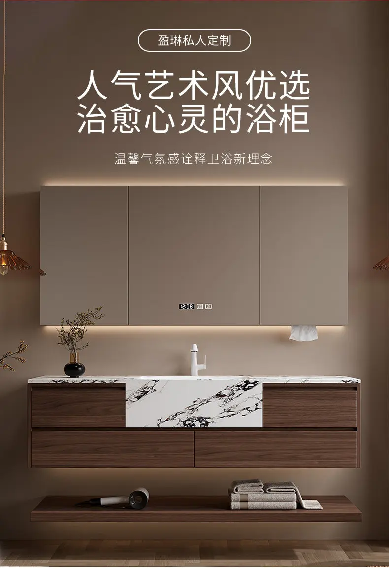 

Комплект мебели для ванной: тумба с раковиной, столешница из каменной плиты, тумба из дуба.