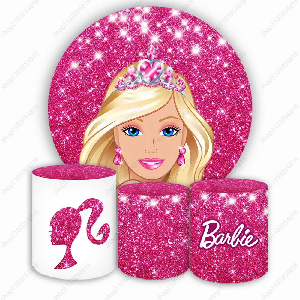 Barbie Round Backdrop Cover For Girls Pink Birthday Baby Shower Pool Theme Circle Photo Background Elastic PhotoCall Covers