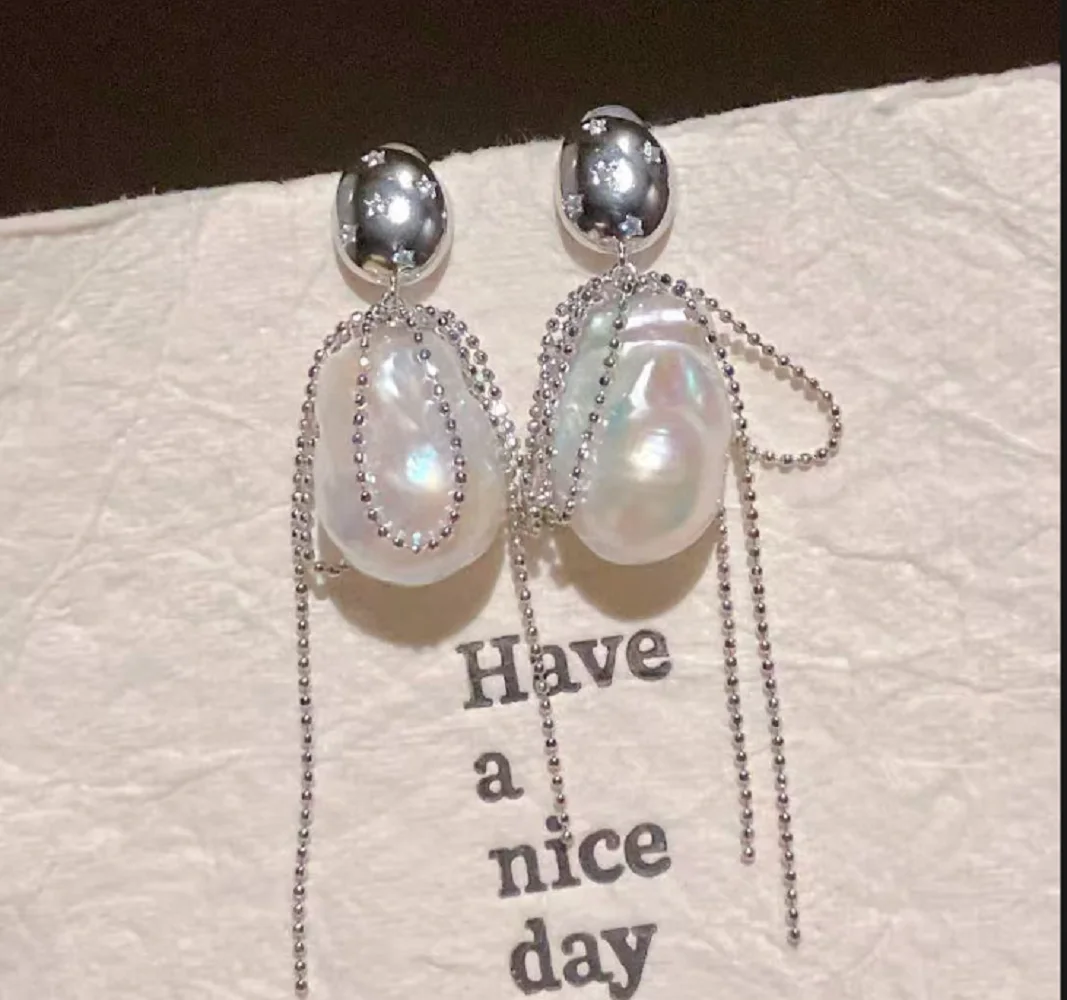 

2025 * Explosive tassel long AAA14-15mm Baroque South Sea Pearl Earpin Eardrops with unique temperament 925s