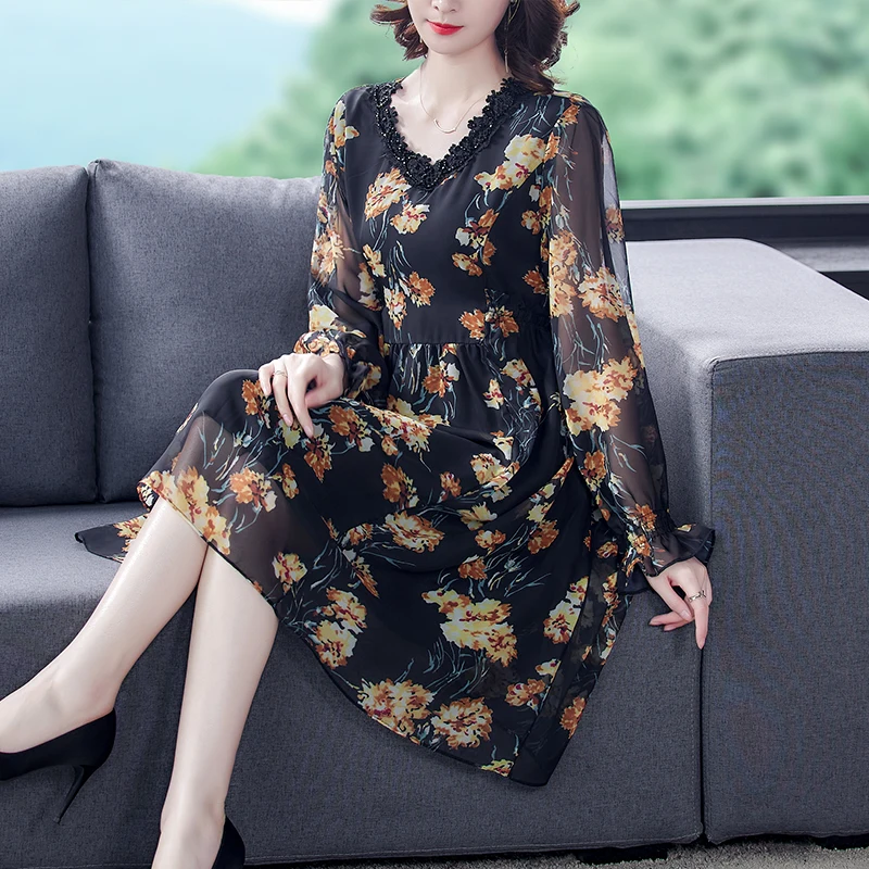 Robe mi-longue en mousseline de soie florale pour femmes, dentelle vintage, robe de Rhdécontractée, élégante, tambour, fête, soirée, éducatif, printemps, 2024