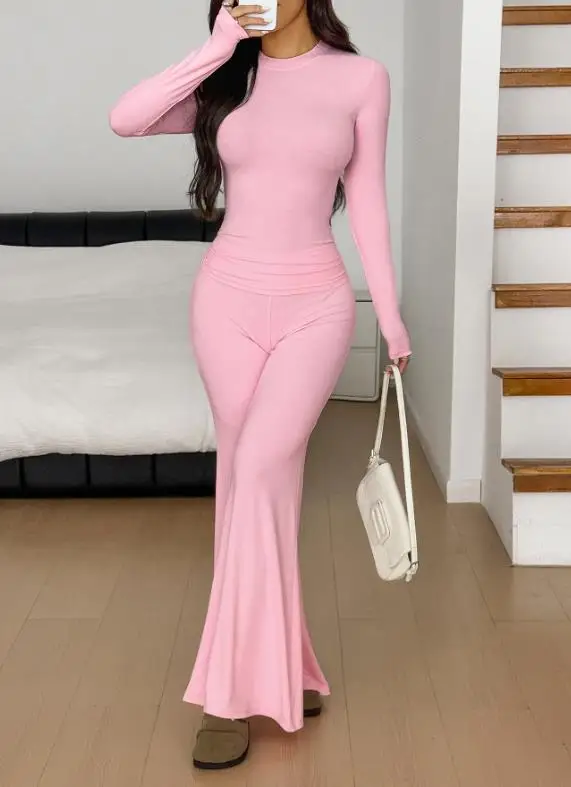 Women's Stylish Turtleneck Set Stretchy Fabric with Long Sleeve Top and Wide Leg Pants Versatile Outfit Set