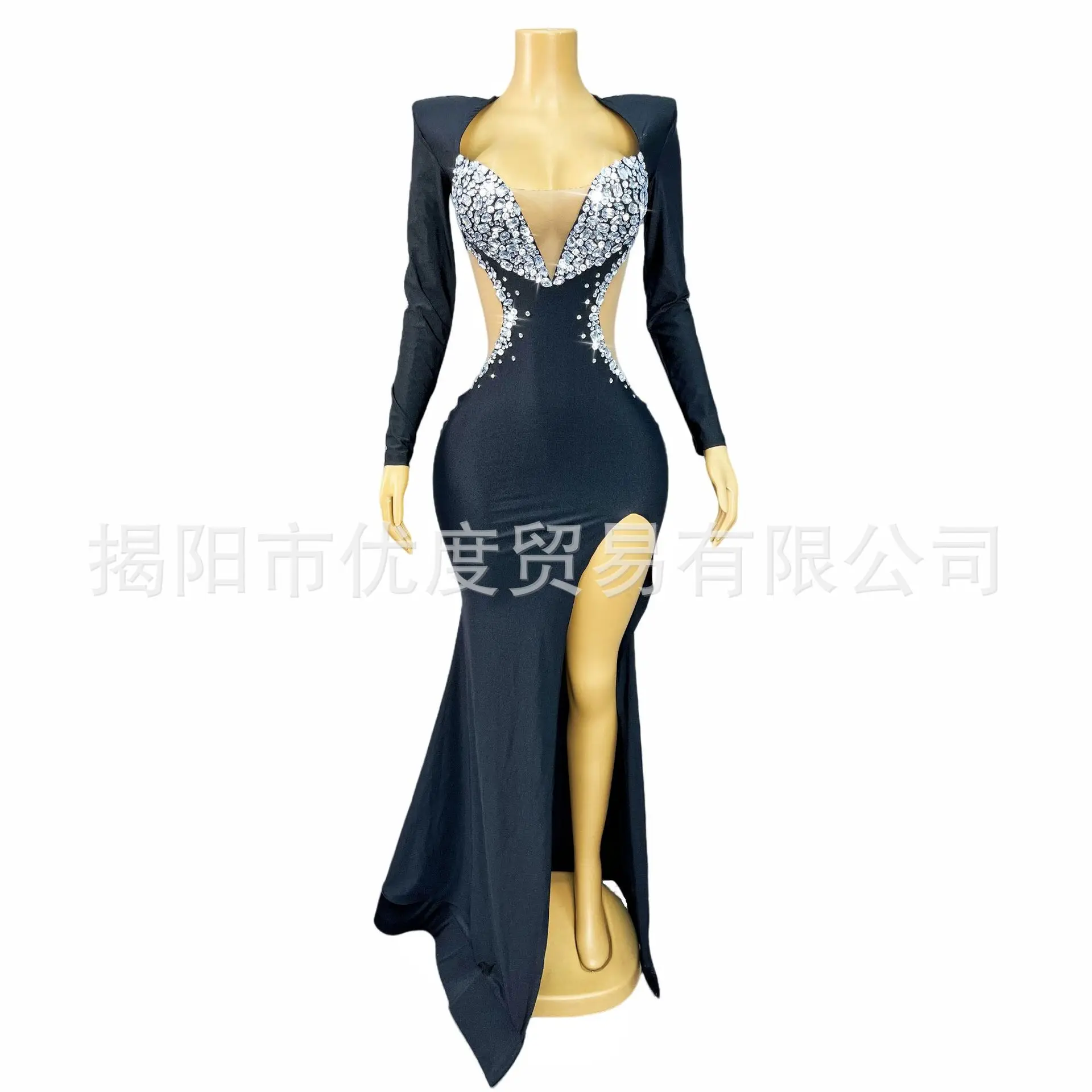 Black Velvet Evening Dress Trailing Long Silver Rhinestone Sparkling Cocktail Party Dress Birthday Party Costume Mullet Vestidos