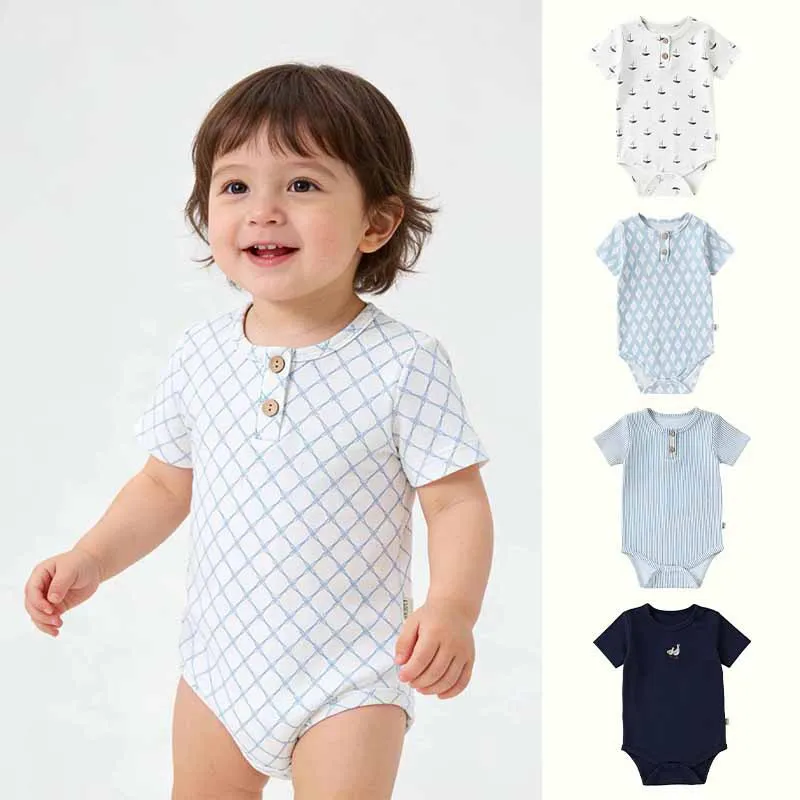 

Baby Girls Pure Cotton Bodysuit Newborn Sailboat Print Short Sleeve Onesie Infant One-piece Rompers Toddler Spring Clothing