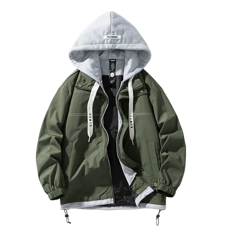 Men's contrast-colored fake two-piece hooded jacket, featuring a zipper layering effect and casual drawstring detail design