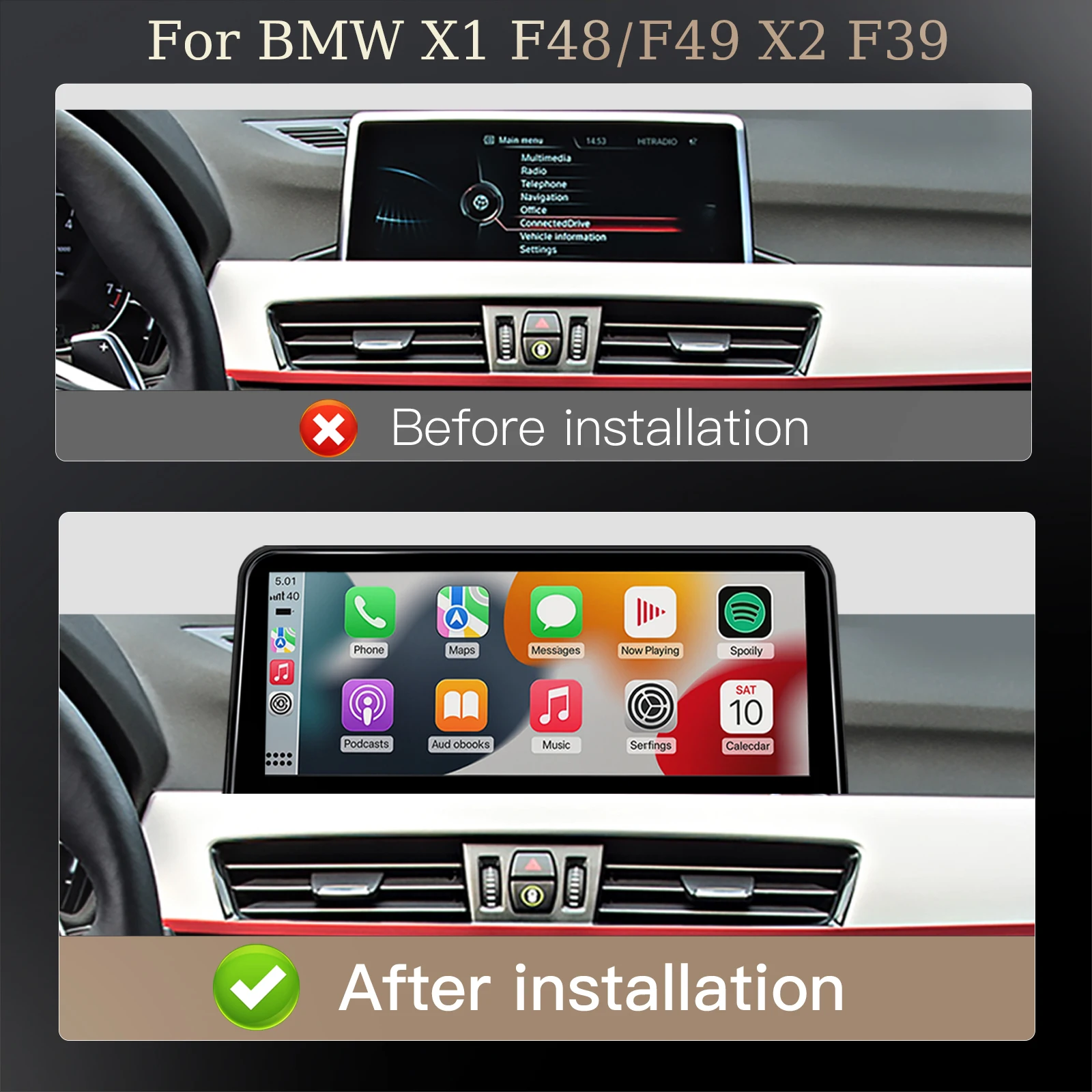 10.25”Android 14 Wireless Carplay Android Auto Link Radio For BMW X1 F48 X2 F49 2016-2020  Multimedia Player GPS Navi DSP Screen