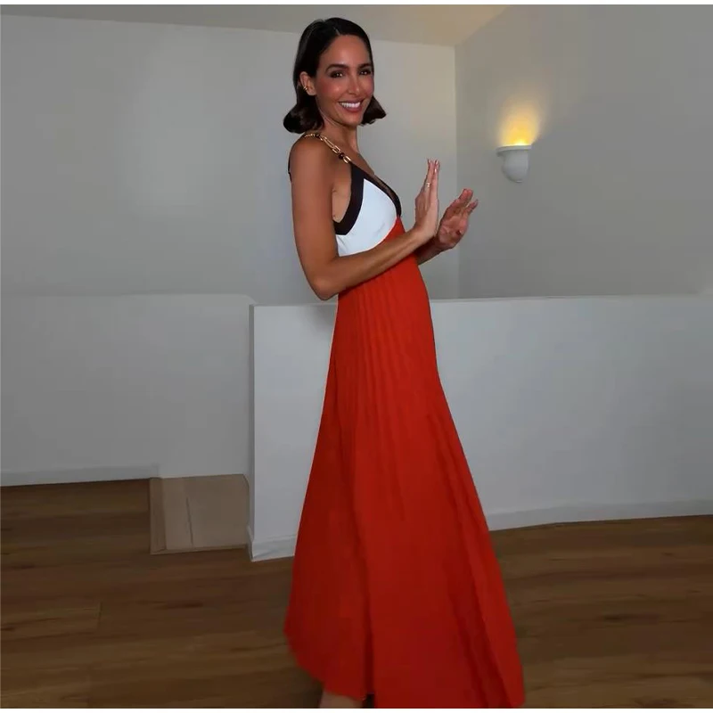 Kettenmuster-Maxikleid mit Spaghettiträgern, Farbblock-Design, V-Ausschnitt, A-Linie, Locker Geschnittenes Langes Kleid für Gäste und Partys, Sommermode 2026, Elegantes Abendkleid – Detail 11