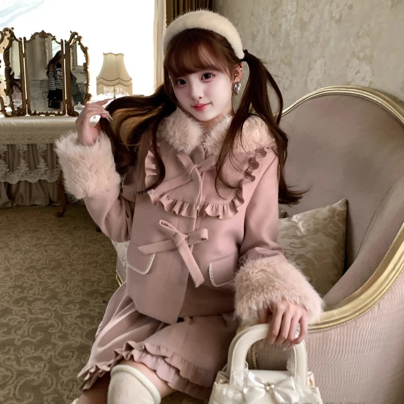 

Autumn and Winter Japanese Lolita Sweet Suit Woolen Lace Bow Short Coat Cute High-waisted Lace Skirt Daily Commuter Clothing
