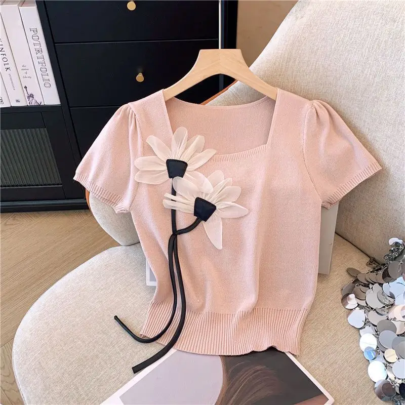 DAYIFUN Ladies' 3D Flowers Knitted Tshirts Summer Square Collar Short Sleeved Soild Tees for Women Slim Cropped Elegance Top