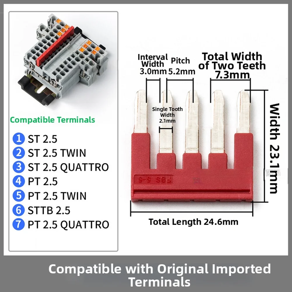 Copper FBS5-5 Connector Strip 15pcs Red 24.6x23.1mm Compatible with UT ST Push-in Terminal Blocks Industrial Use