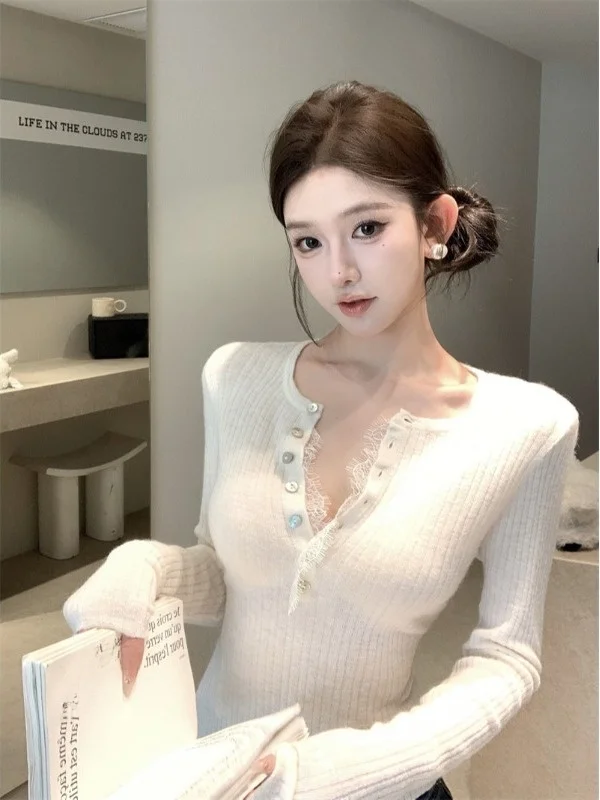 كشكش تقليم V-Ne طويل Sve محبوك المرأة سليم صالح Faionable ربيع الخريف الأبيض القطن الخالص سباندكس مزيج