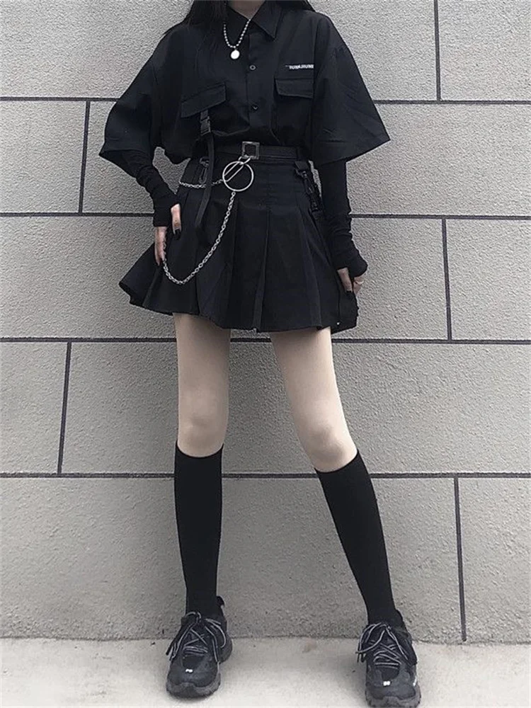 2024 New Vintage Shirt Set Skirt Women Harajuku Y2K Grunge Techwear Skirt BF Top Aesthetic Jupe Femme Mall Gothic Two Piece Sets