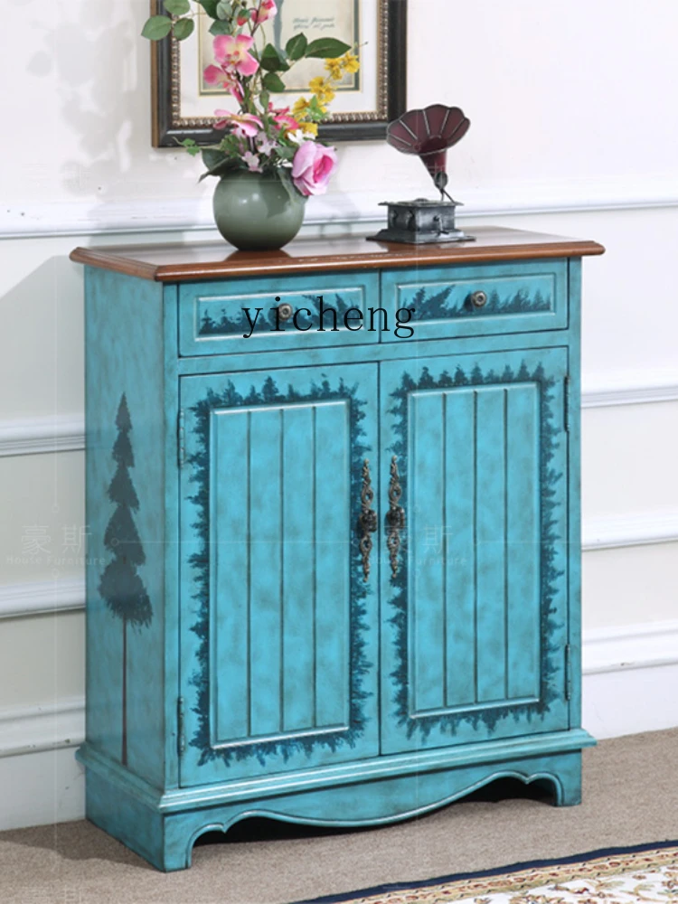 Zk Blue Hallway Partition Hallway Two Buckets Double-Leaf Shoes Cabinet Vintage Distressed Hand-Painted Furniture