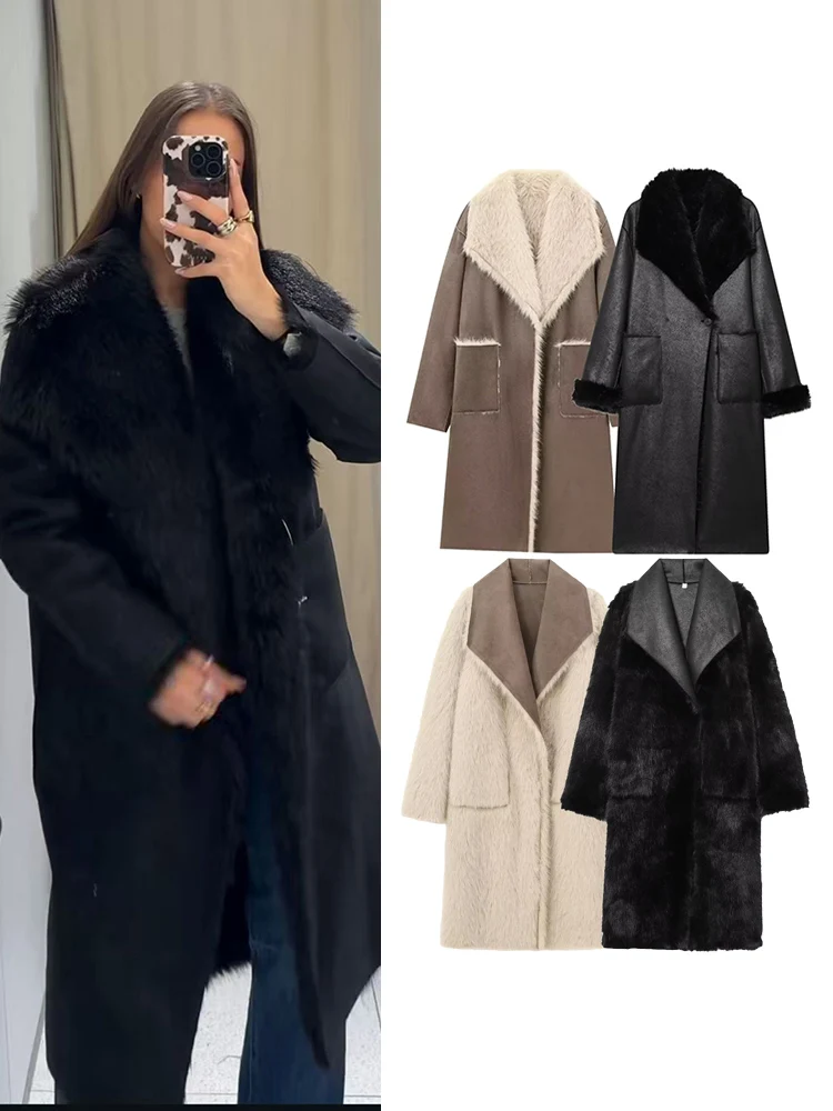 

Женское двустороннее длинное пальто в стиле ретро, повседневная куртка из искусственного меха с лацканами на одной пуговице и карманами, женская зимняя модная уличная теплая верхняя одежда