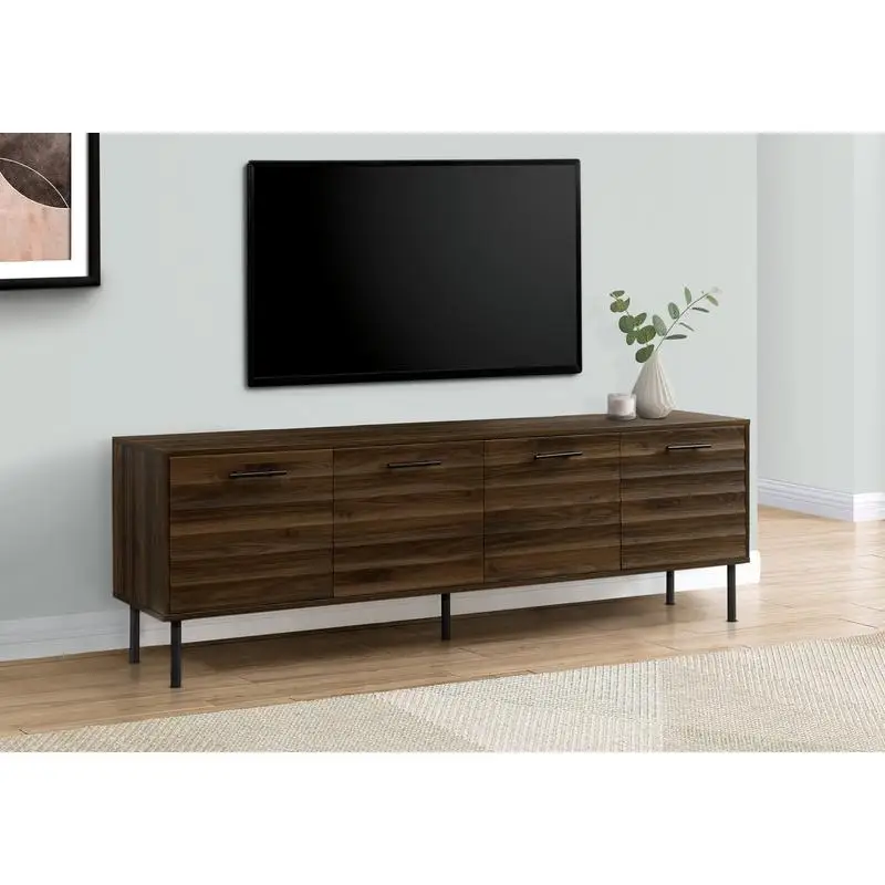 

72 Inch TV Stand Console Media Center Cabinet - Brown Laminate with Black Metal Accents, Transitional Design for Entertainment