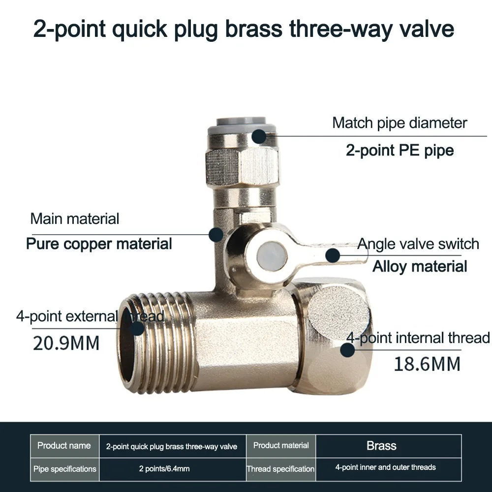 Brass Quick Insert Three Way Valve Stainless Steel Alloy Angle Valve Adapter Easy Install Leak Resistant