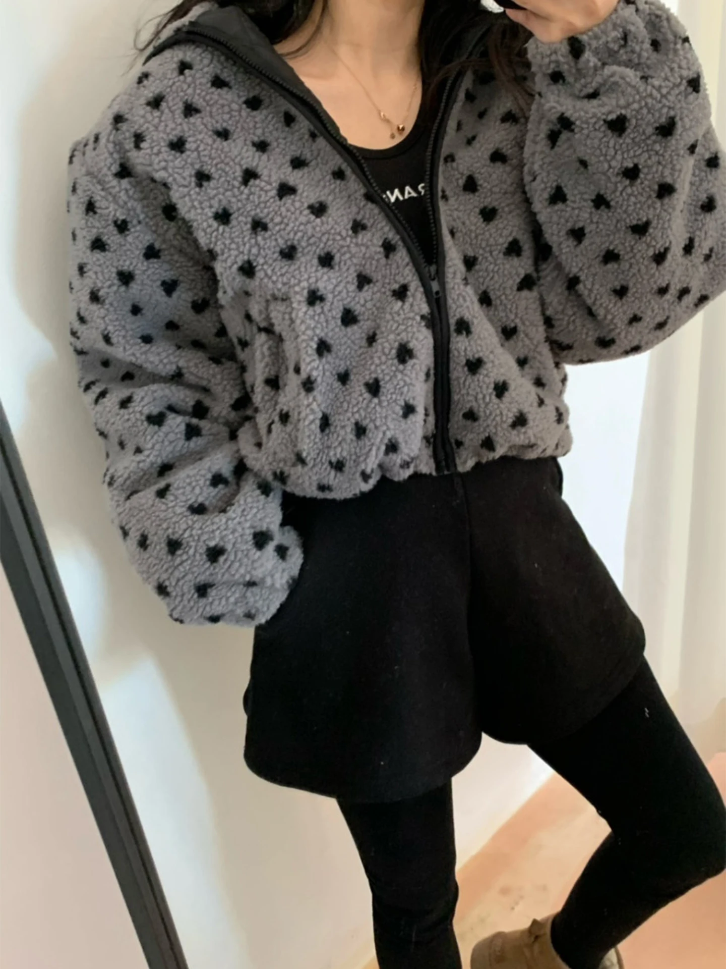 

Retro Anti-Aging Heart Pattern ort Lamb Fur Jaet Women's Winter New Sle Color Blo Cotton Coat Korean Loose Fit Long S...
