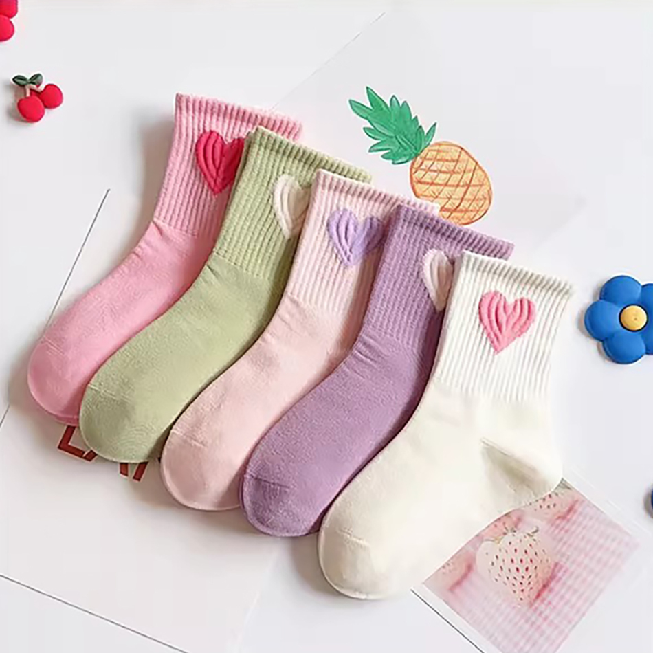  5 Pairs Spring Summer Kids Girls 2025 Korean Style Love Pattern Middle Tube Sock Girl's Socks Autumn Solid Children's Stockings 