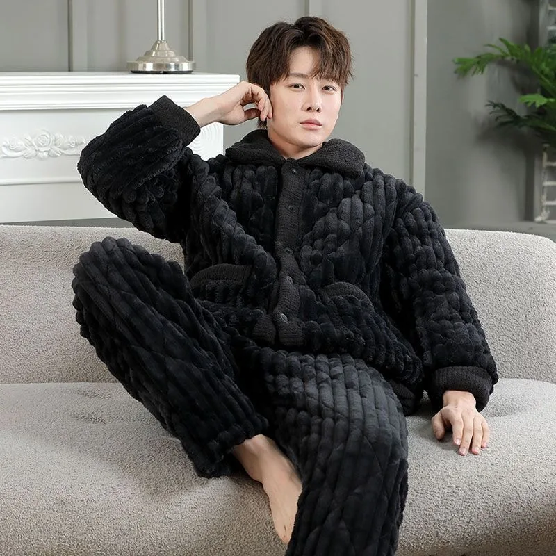 Pyjamas Men's Winter Three Layer Thickened Cotton and Coralline Large Size Flannel Outdoor Home Wear Set Comfortable and Simple