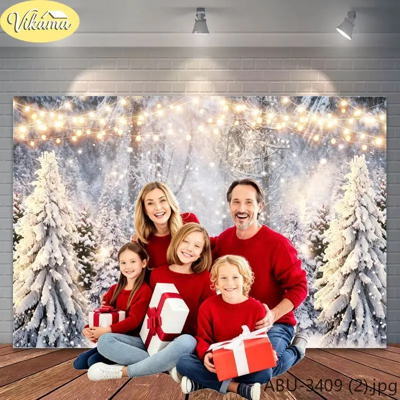 VIKAMA Photography Background Christmas Snowy Forest Family Scene Photo Backdrop Family Party Birthday Festival Home Decor