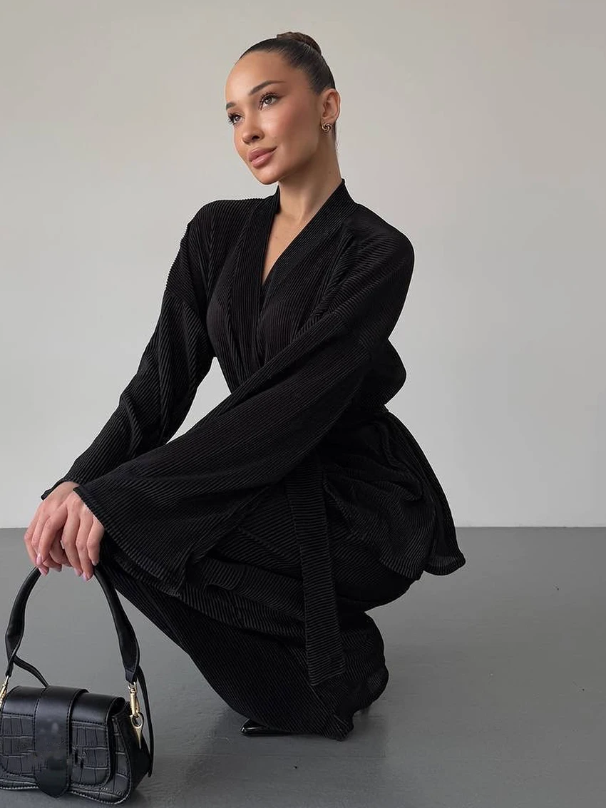 Marthaqiqi Loose Women'S Sleepwear Set V-Neck Pajamas Long Sleeve Nightie Lace Up Nightgowns Pants Casual Ladies Nightwear Suit