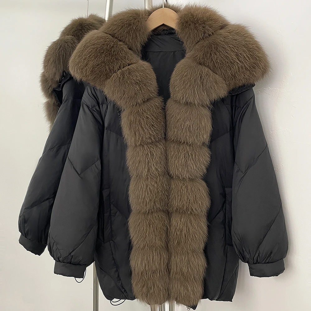 เสื้อแจ็คเก็ตขนเป็ดสำหรับผู้หญิง ฤดูหนาว แบบสั้น แต่งขนสุนัขจิ้งจอกแท้ คอปกขนฟ็อกซ์แท้ สีขาว  แบบพาร์กา