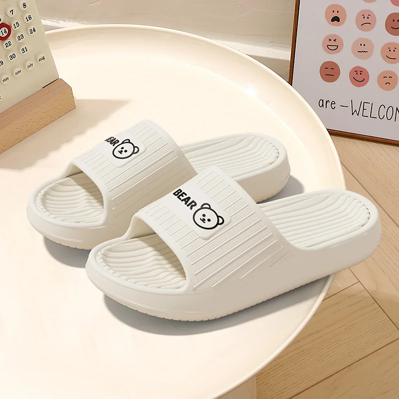 Cute Bear Summer Slippers Women Men Soft EVA Thick Platform Slides Non-Slip Quick-Drying Bathroom Shower Shoes Indoor Home Mule image 4