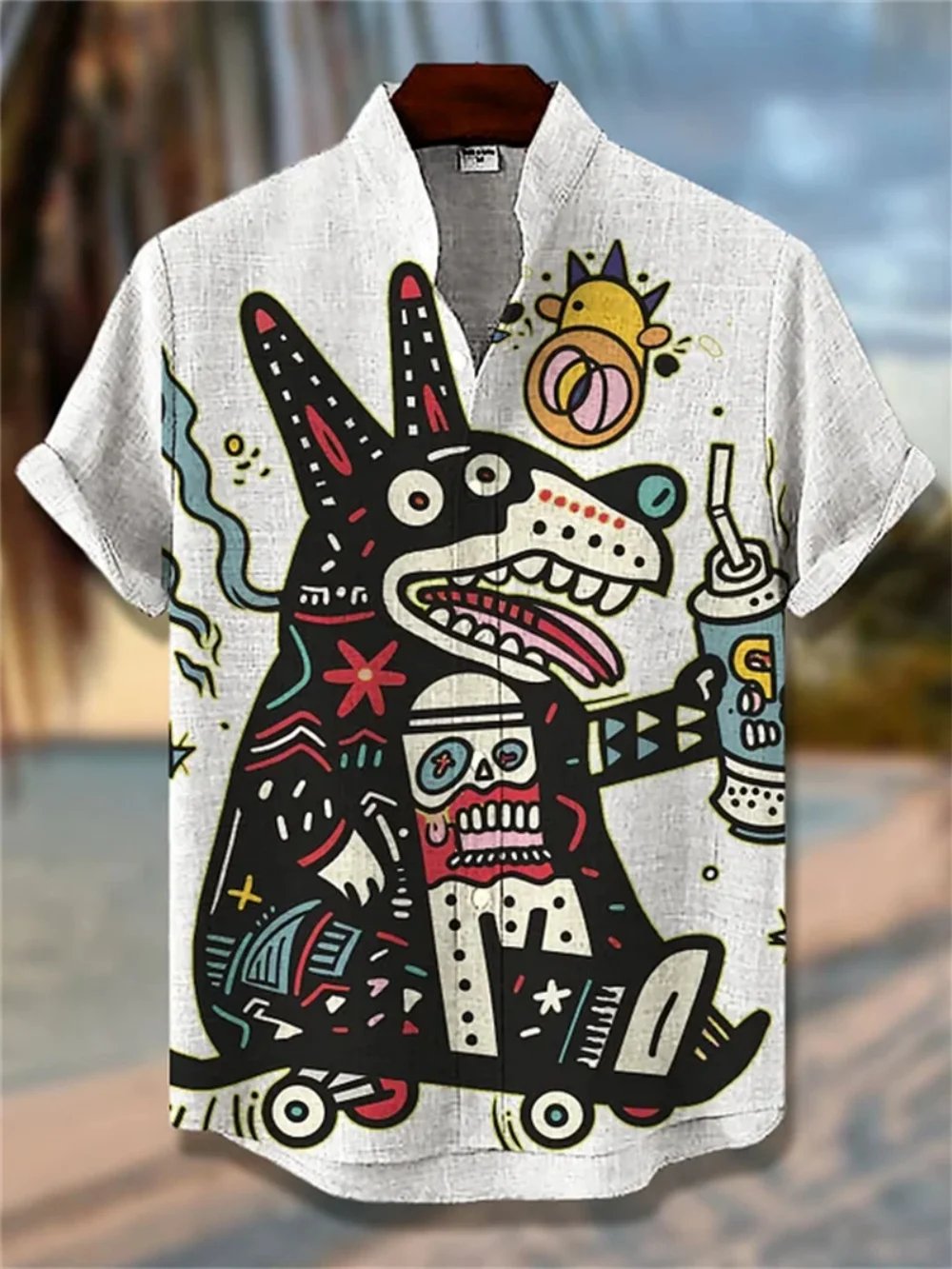 قميص ريترو راكون واريور مطبوع بأكمام قصيرة وياقة واقفة وأزرار لأعلى ملابس هاواي قابلة للتنفس للرجال