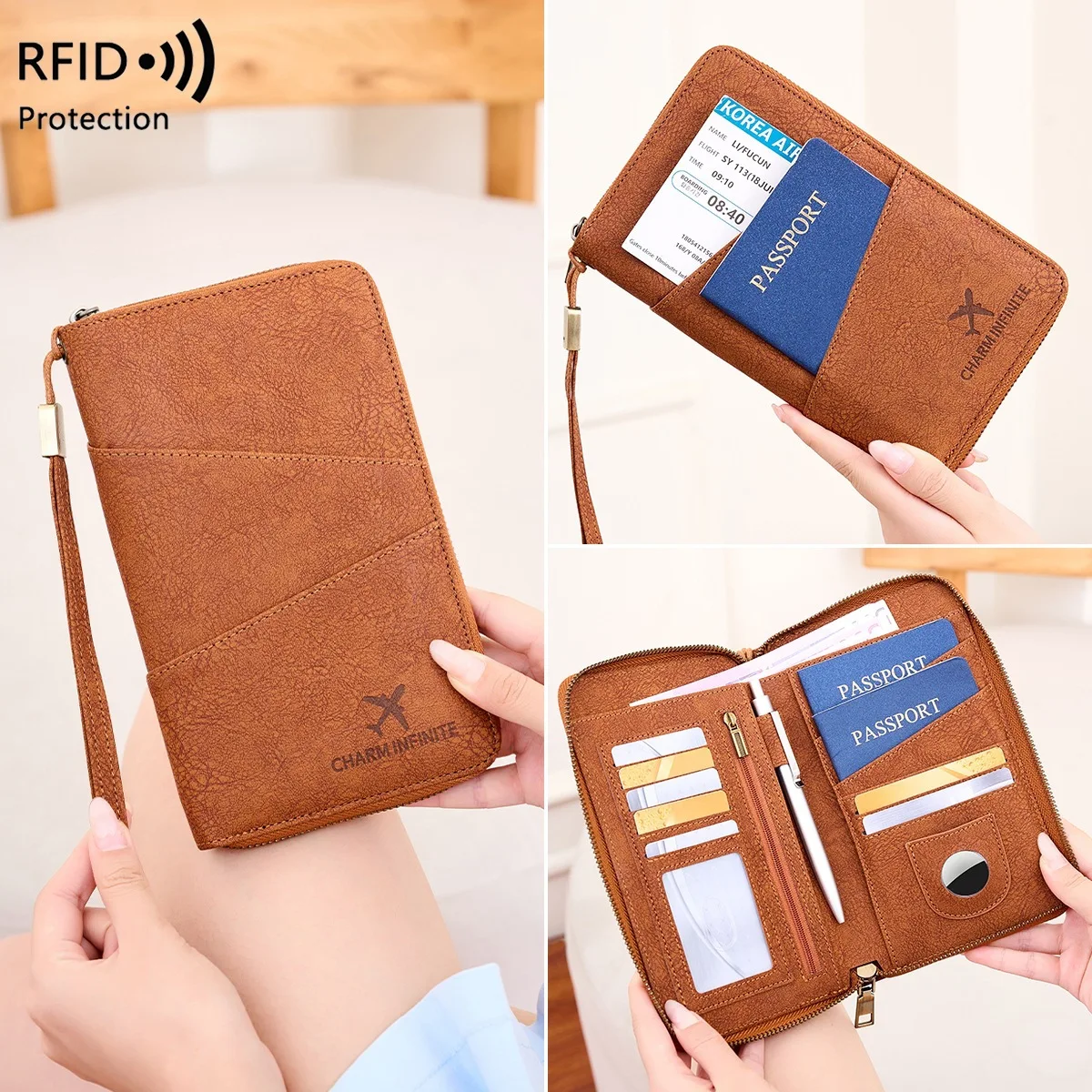 RFID Blocking Leather Passport Holder Wrist Strap Multi Card Slot Zipper Travel Document Wallet Anti Scan ID Credit Card Cover V
