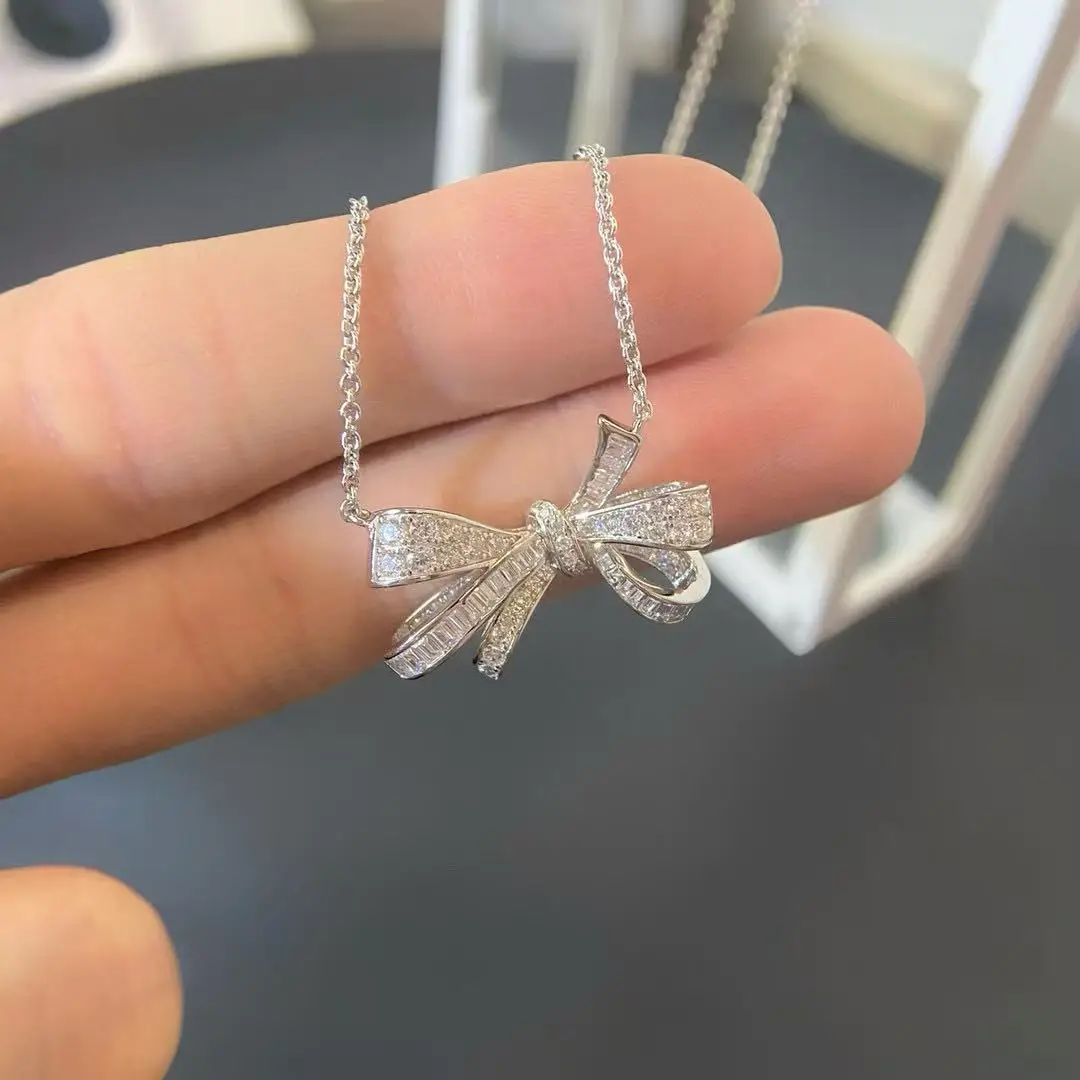 الفرنسية الفاخرة Bowknot موضة المرأة 925silverNecklace القوس عالية الجودة مويسانيتي تألق ساحر هدايا الحفلات لا يتلاشى