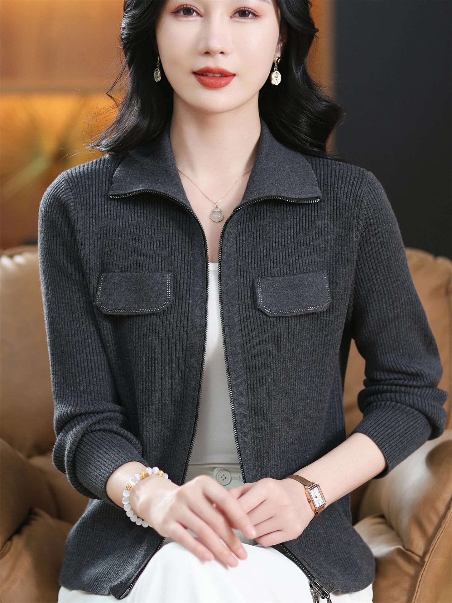 

Новинка 2025 года, вязаный шерстяной открытый кардиган свободного покроя с отложным воротником Mommy's Faion, весенне-осенняя верхняя одежда для среднего возраста...