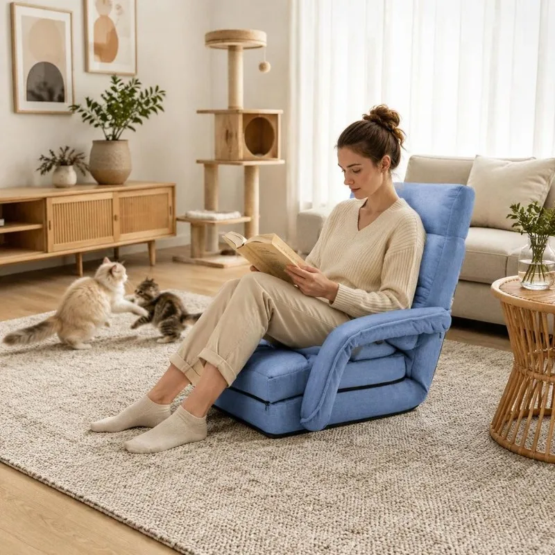 Fauteuil Relax Pliable en Tissu avec Cadre en Acier, 5 Positions, Dossier Réglable, Accoudoirs, Coussin Amovible, Canapé Chaise Longue Confortable pour Salon, Bureau, Chambre, Rangement Facile