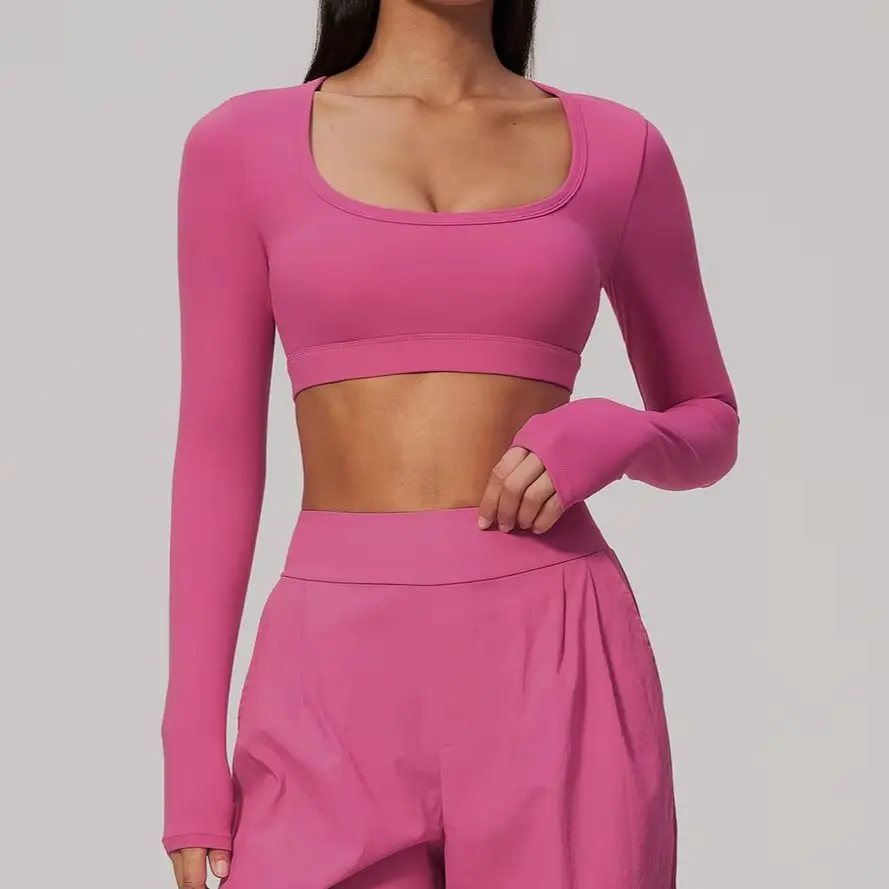 Women's Yoga Shirt Long Sleeve Slim Fit High Elasticity Sport U-shaped Collar Top Gym Breathable Sport Pilates Training Crop Top