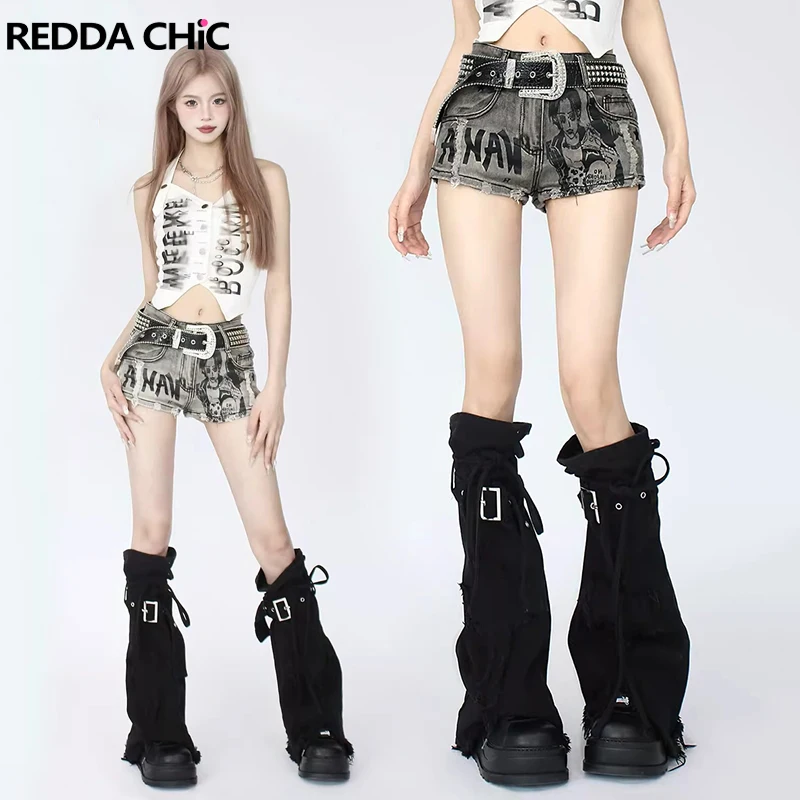 

ReddaChic Grunge Y2k Cross Denim Leg Warmers Women Belted Frayed Boots Cover Gorhic Lolita Knee Long Socks Acubi Fashion Clothes