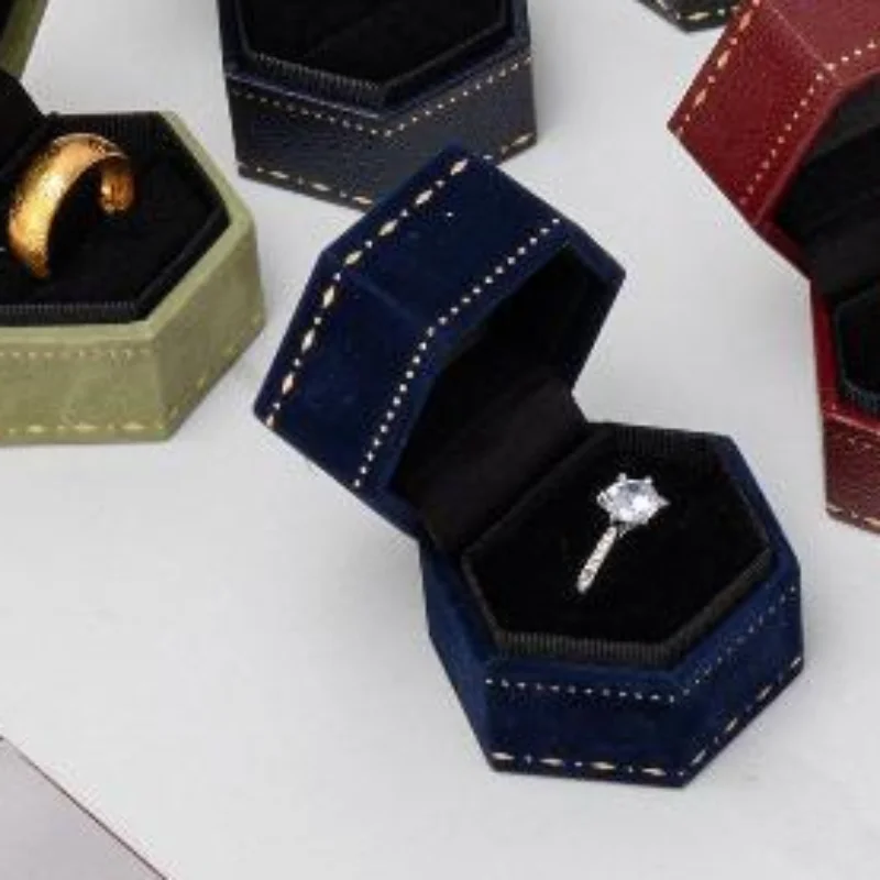 Retro Hexagon Jewelry Display Box Empty Single Ring Holder for Engagement Wedding Valentine's Day Gift