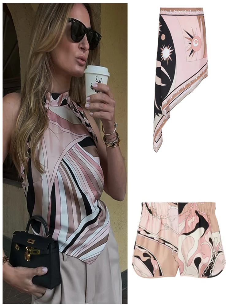 

Elegant Print 3-Piece Skirts Shorts Set Halter Backless Sleeveless Top Mini Skirt Suits 2025 New Beach Vacation Outfit For Woman