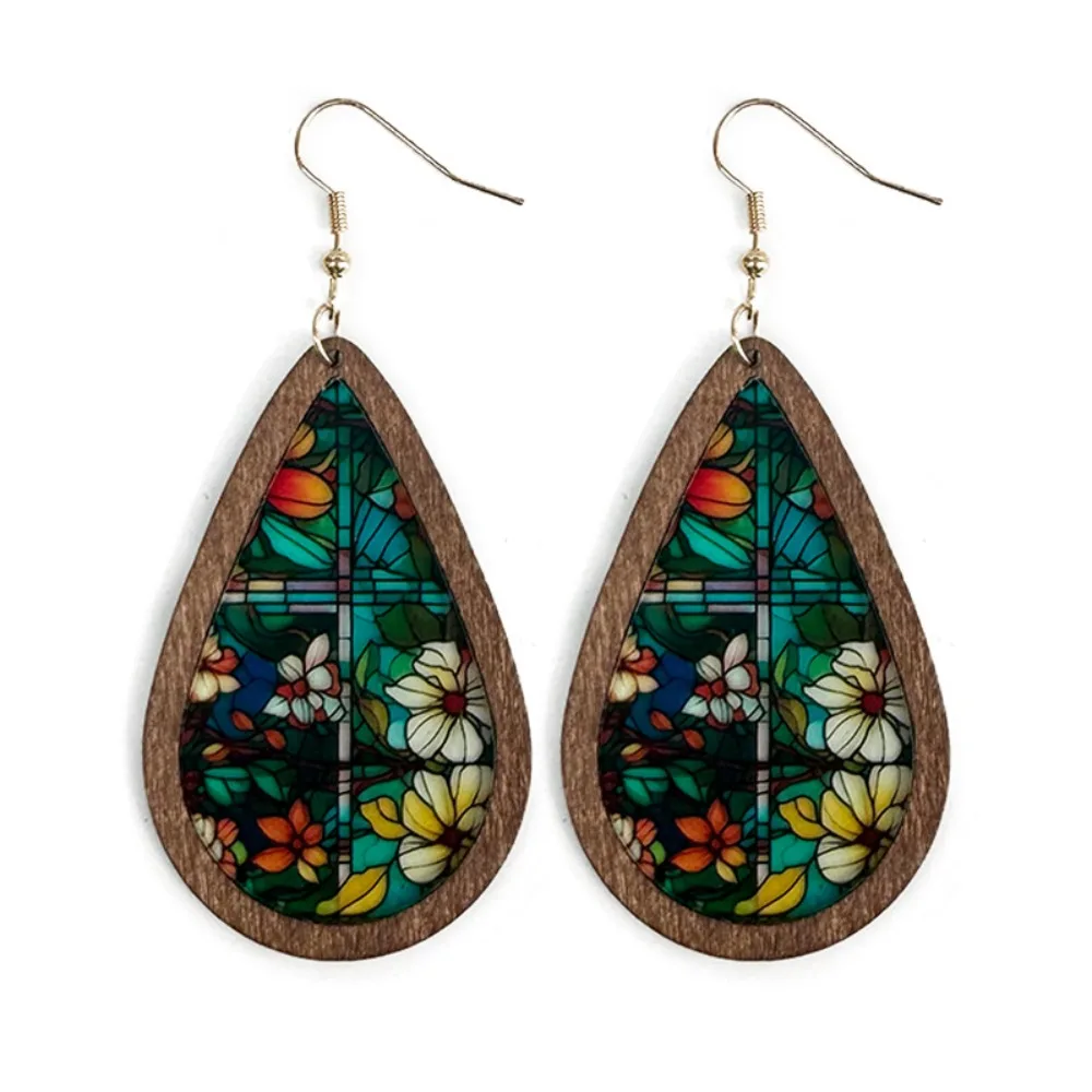 Kaleidoscope Pattern Mosaic Stained Earrings Bright Dangle Earring Colorful Statement Earrings Church Printed Wood