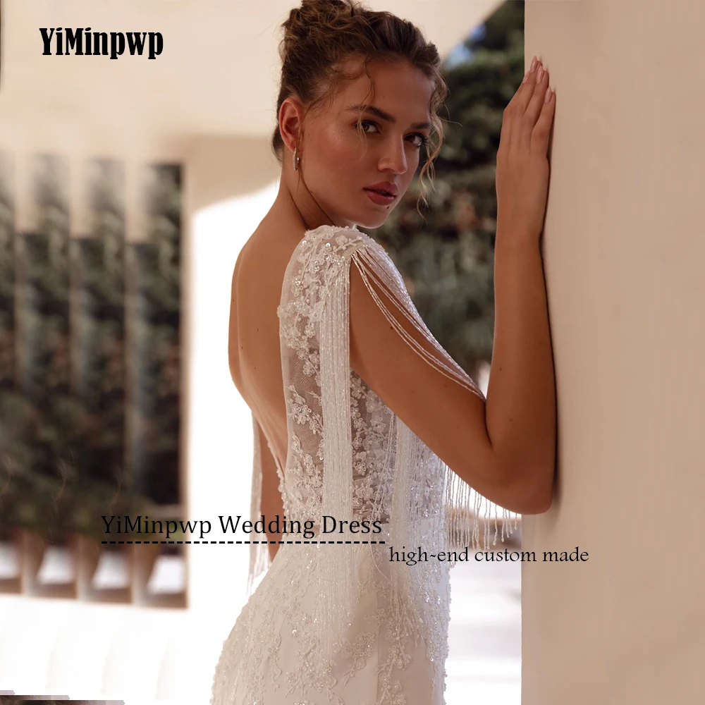 Satin Brautkleider Applique Meerjungfrau U-ausschnitt Pailletten Backless Quaste Braut Kleider Elegante Vestidos De Novia Angepasst