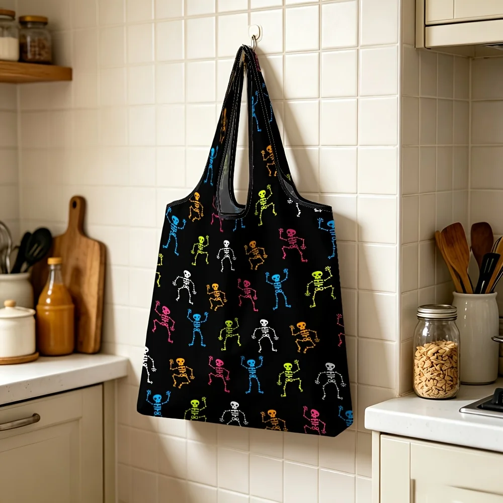 1pc Reusable Portable Shopping Bag Colorful Dancing Skeleton Pattern Foldable Grocery Tote Bag