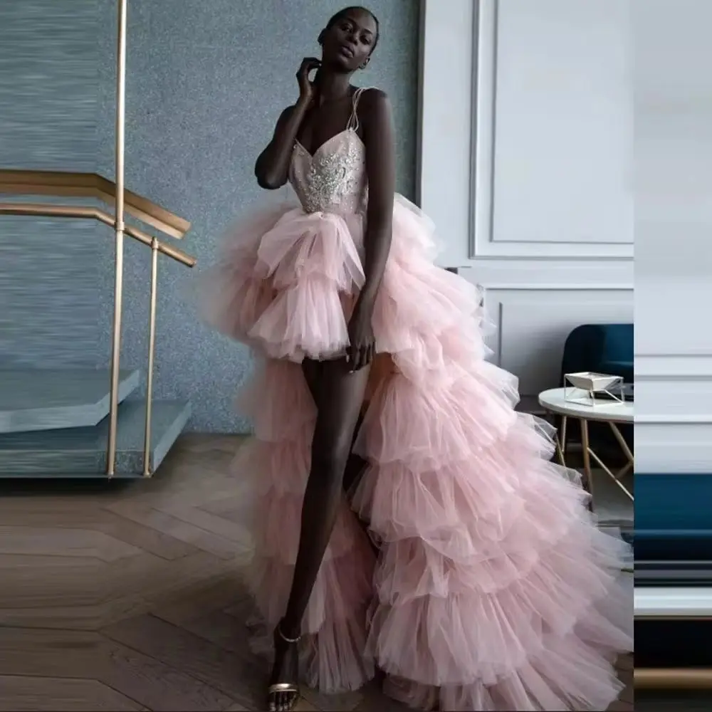 Exquisite Pink High Low Prom Dresses With Spaghetti Straps Beads Appliques Tiered Black Girls Birthday Dress For Photos Teens G
