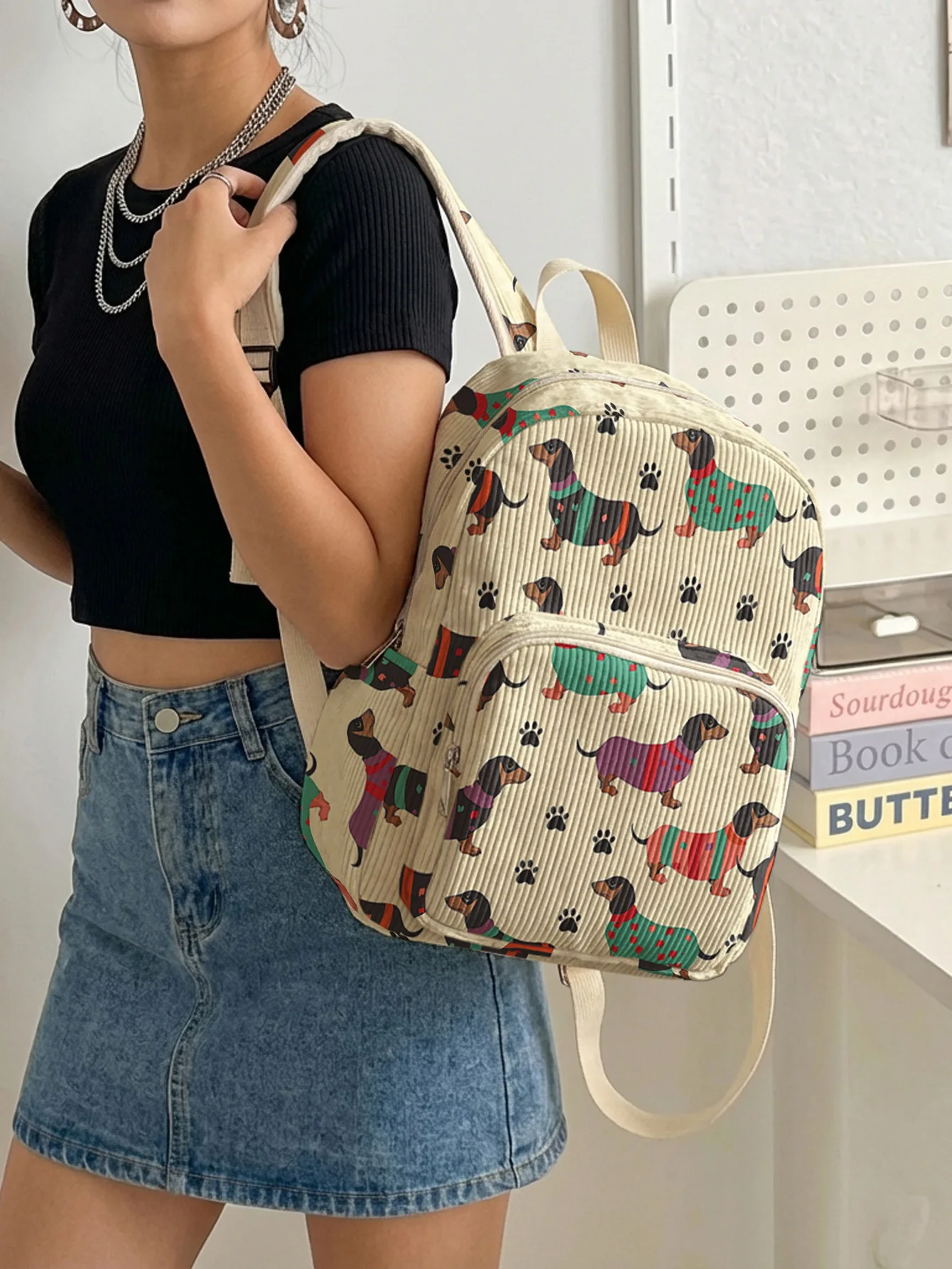 Dachshund Dog & Paw Print Allover Women Fashion Backpack Corduroy Multi-pocket Large Capacity Commuter Bag