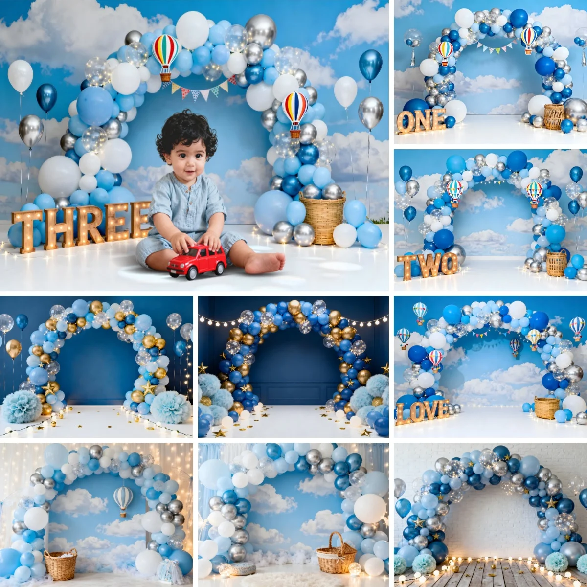 Newborn 1st Birthday Photography Backdrop Blue Sky White Cloud Wall Balloon Arch Baby Shower Kids Boys Portrait Photo Background