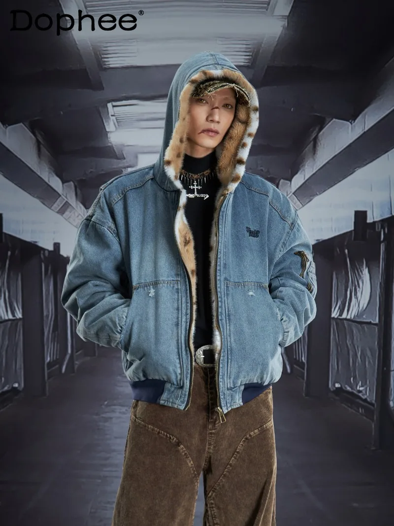 

American Retro Fashion Washed Denim Hooded Short Jacket Loose Casual Warm Stylish Thickened Zipper Coat for Men