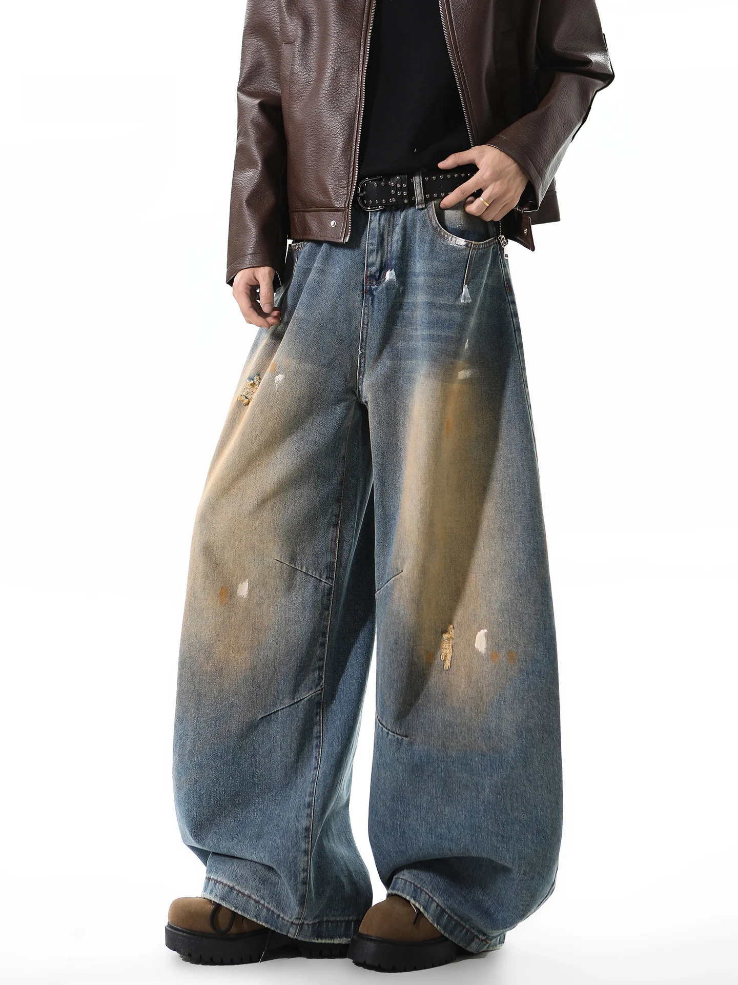 

Мужские джинсы American High Street Oversize Knife из денима, осенние, широкие, с эффектом потертости, свободного кроя, длинные брюки Cool Haome