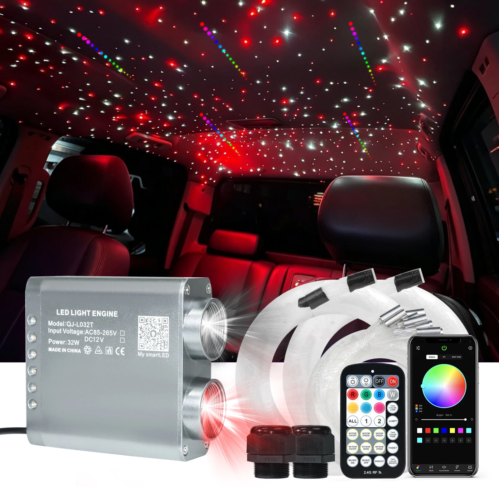32W RGBW Double Head Fiber Optic Star Ceiling Kit with Shooting Star Music Control Smart APP Twinkle