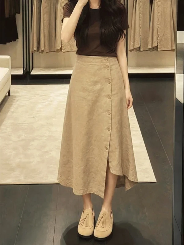 Korean Style Single Button Midi Skirt Women Summer 2026 Casual Khaki A-Line Midi Skirt Versatile High Waist Breathable Skin-F...