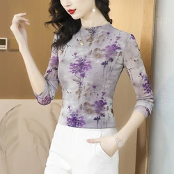 Spring Summer All-match Printed Purple Flowers Simple Stretch Woman T-shirt Long Sleeves Half Turtleneck Female Mesh M-4XL